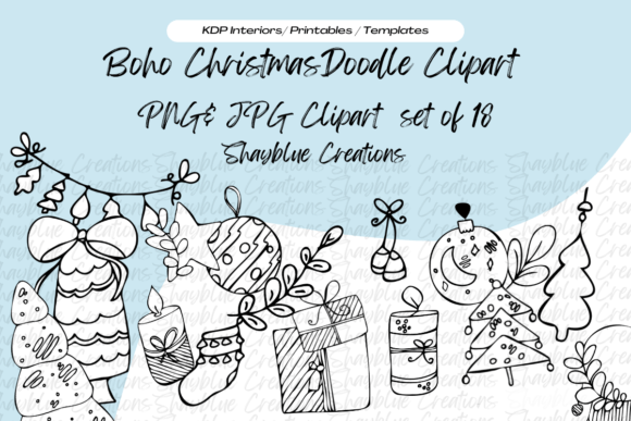 Boho Christmas Black and White Clipart Illustrations