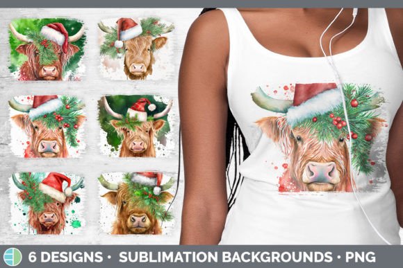 Christmas Highland Cow Distressed Sublim Illustrations