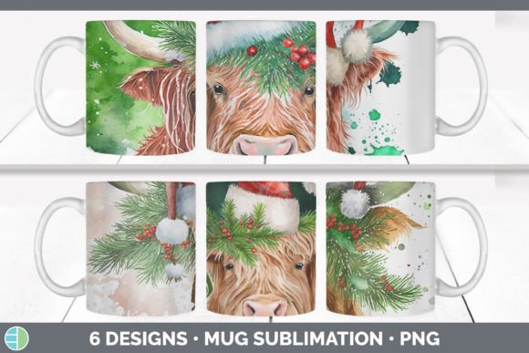 Christmas Highland Cow Mug Sublimation Illustrations