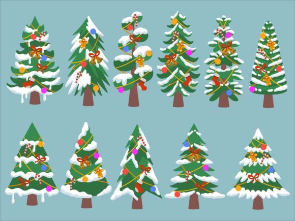 Christmas Tree Snow with Ornaments Illustrations