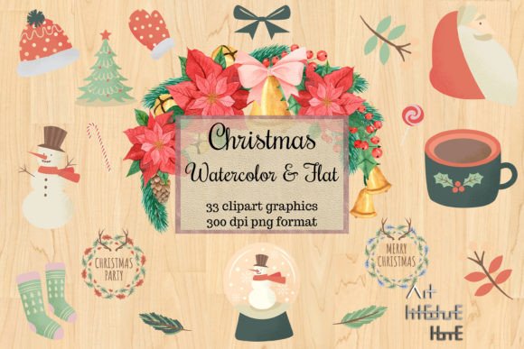Christmas Watercolor Cliparts, Flat Icon for Illustrations