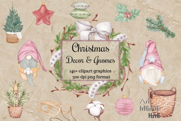 Christmas Watercolor Cliparts, Gnomes for Editorial and Web Design